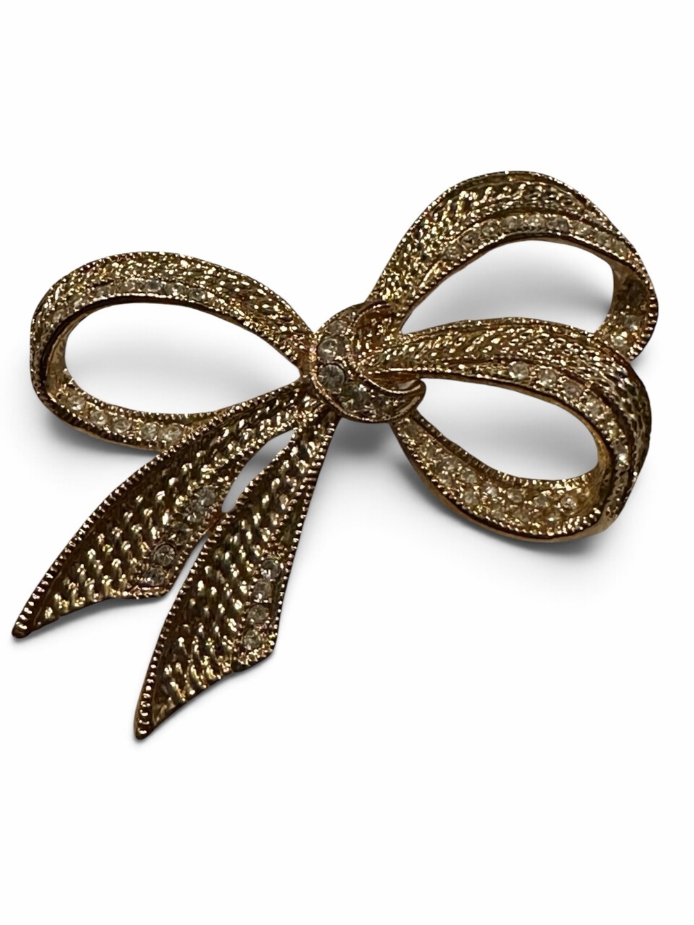 Vintage ROMAN Gold Tone Rhinestone Ribbon Bow Brooch